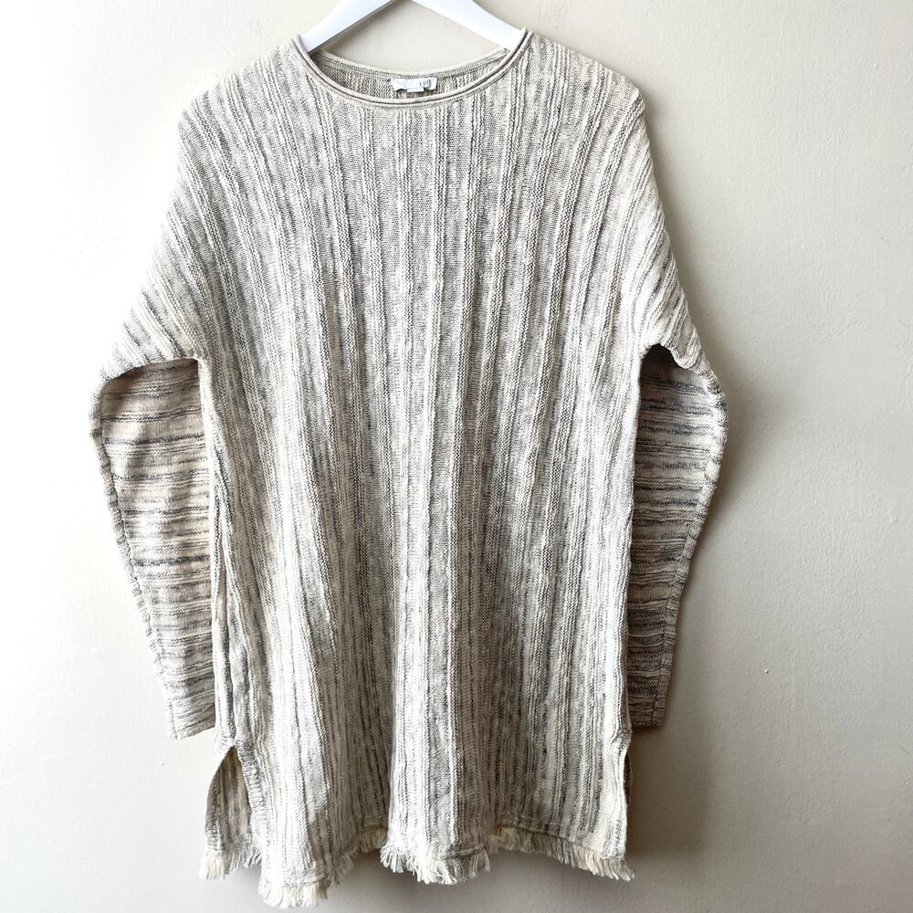 J. Jill Beige & Gray Crewneck Long Sleeve Tunic Sweater w Hem Fringes & Slits- M